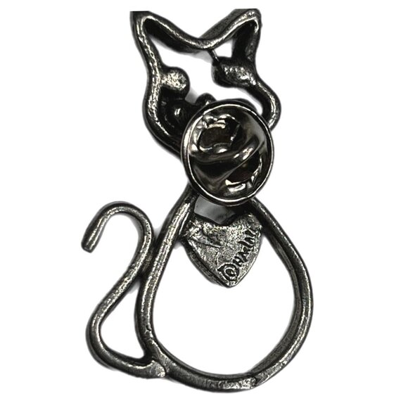 Vintage Abstract Modern Outline Cat Heart Silver Tone Brooch Tack Pin Signed - Picture 6 of 6